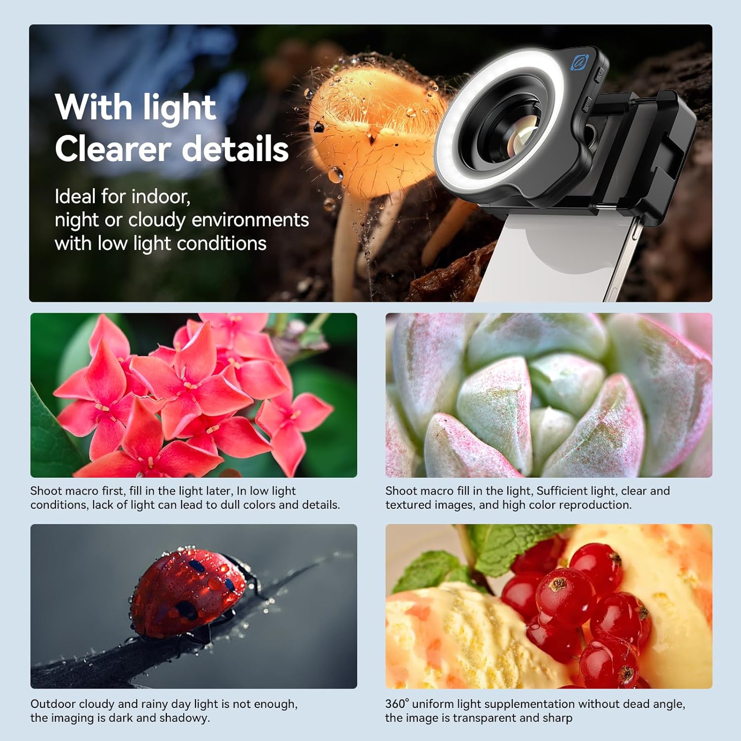 APEXEL 10-20X Macro Lens for iPhone & Android Phones | HD Photography Lens Kit with Universal Clip & 45-Mode Fill Light | Capture Still Life Close-Ups, Insects, Plants, Jewelry, Food & Small Objects - Image 6